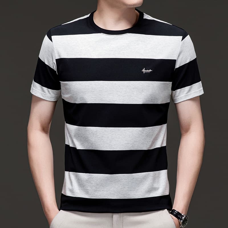 Mingdishu Men's Summer New Casual Short Sleeve Round Neck Plus Size T-Shirt Business Striped Pure Cotton Men's Tee