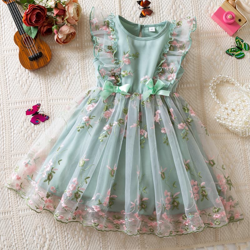 New Girls Printed Dress Children's Gown Princess Dress Embroidered Floral Forest Style Dress Fashionable Tulle Skirt
