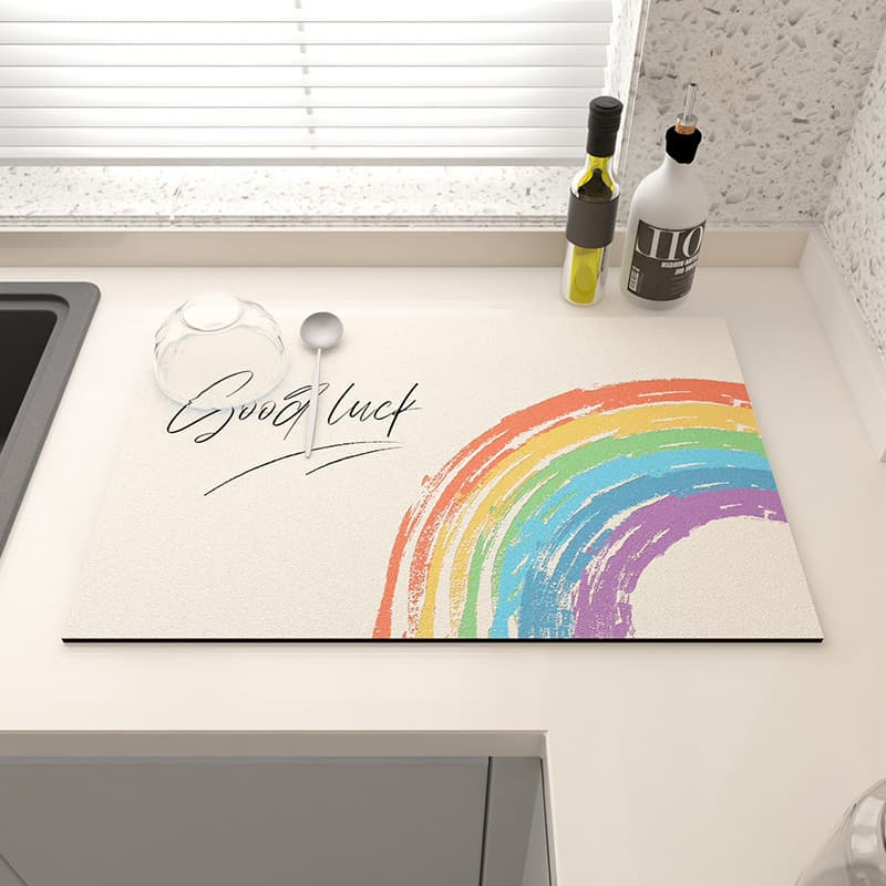 Rainbow Floral Absorbent Leather Coffee Machine Mat Kitchen Draining Mat Decorative Mat Square Kitchen Draining Mat in Stock