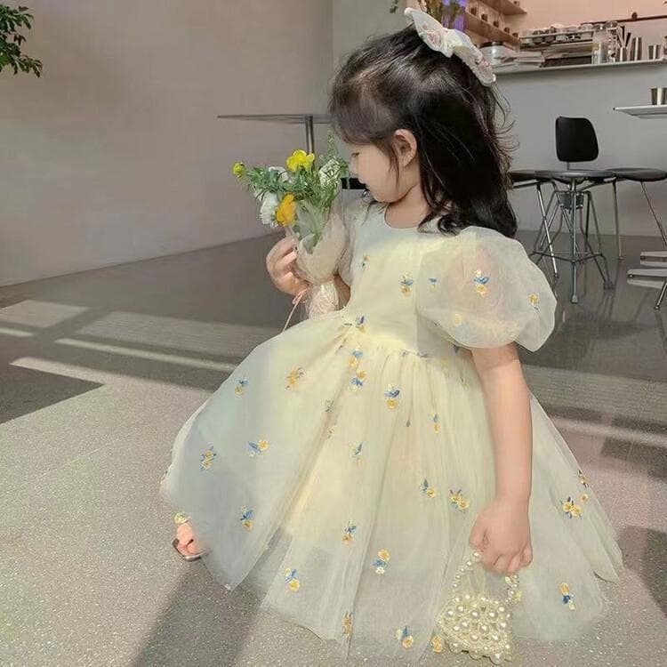 Girls Dress Summer New Style Korean Toddler Embroidered Floral Dress Baby Princess Tulle Dress