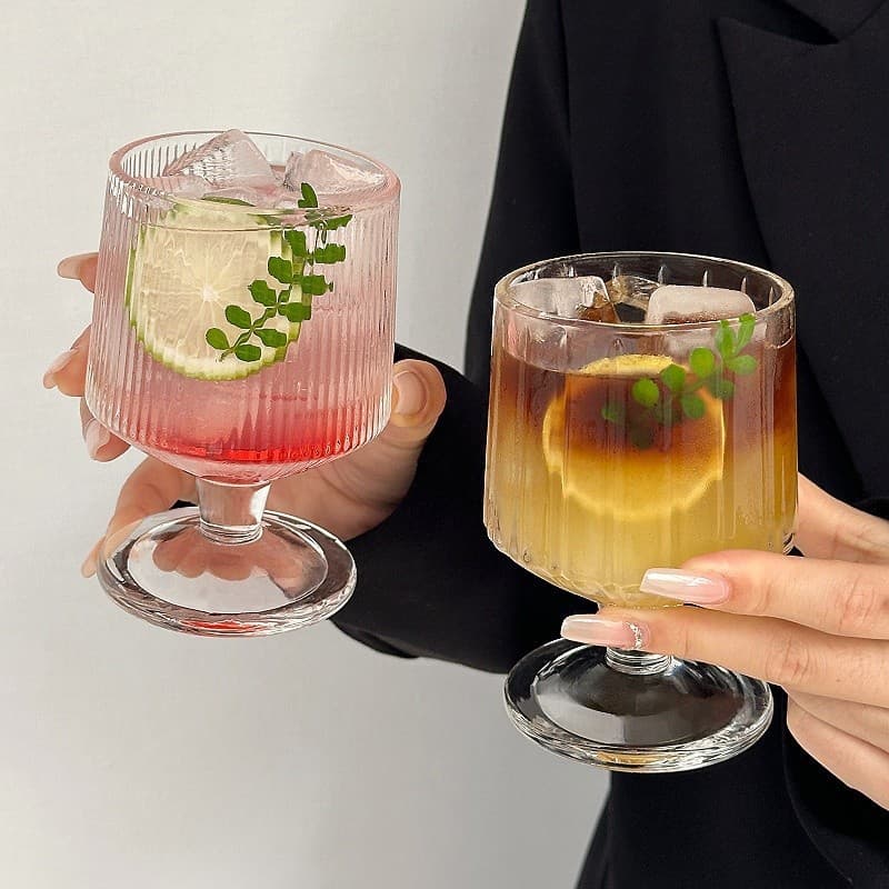 Foreign wine cup, ice cream, vertical stripes, short foot cup, ins high-value household glass cup, beverage, juice water cup