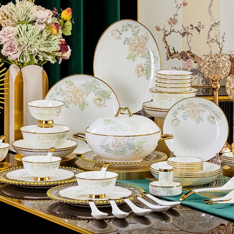 Jingdezhen Bone China Dinnerware Set, Gold Rim Bowls and Plates, Home Ceramic Tableware Gift, Handcrafted Jingdezhen Porcelain