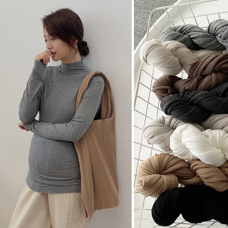 Maternity base layer top, autumn and winter, semi-high neck, slim fit, long sleeve, fashionable solid color, plus size maternity top wholesale.