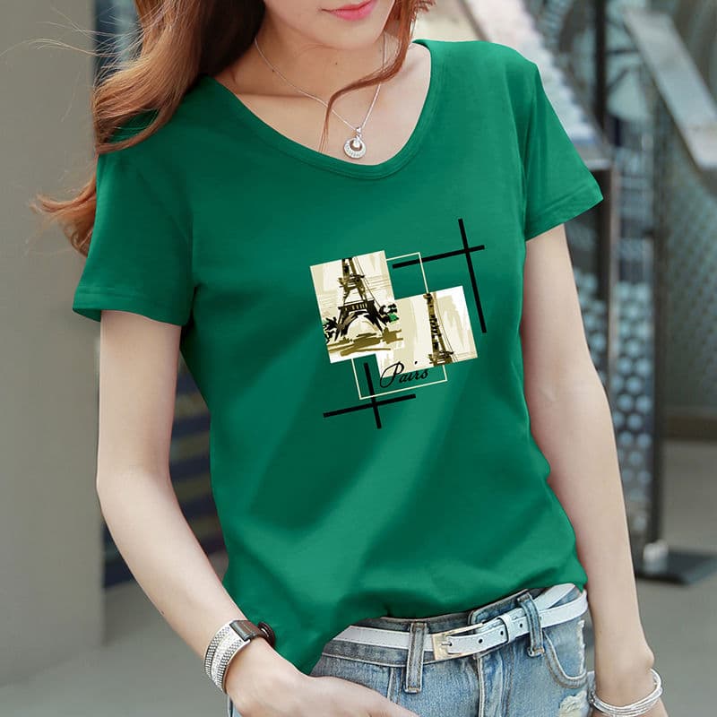 Women's Short Sleeve T-Shirt Pure Cotton 2025 New Print Loose Plus Size Half Sleeve Women's V-Neck Top Sweetheart Neck Tee