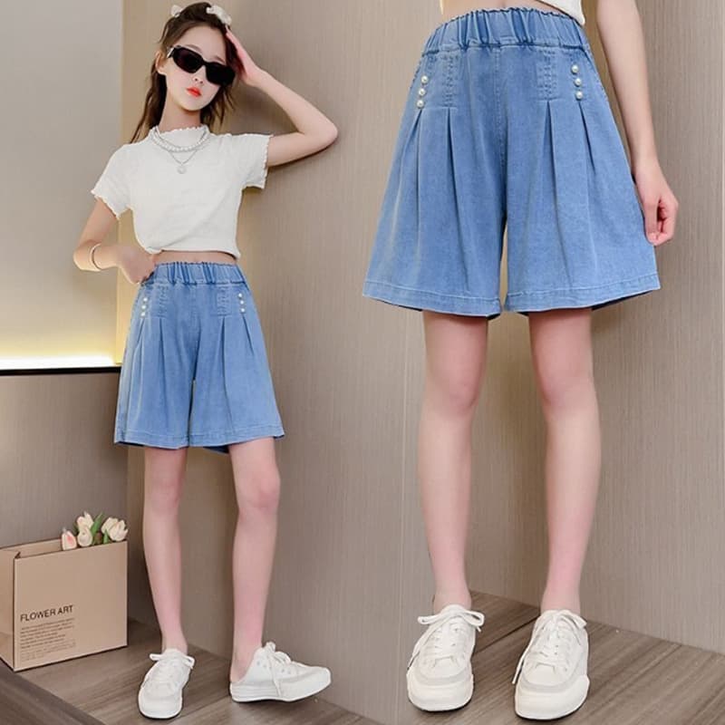 New Summer Children's Shorts, Fashionable Thin Denim Capri Pants for Girls, Solid Color Versatile Tencel Skirt Pants