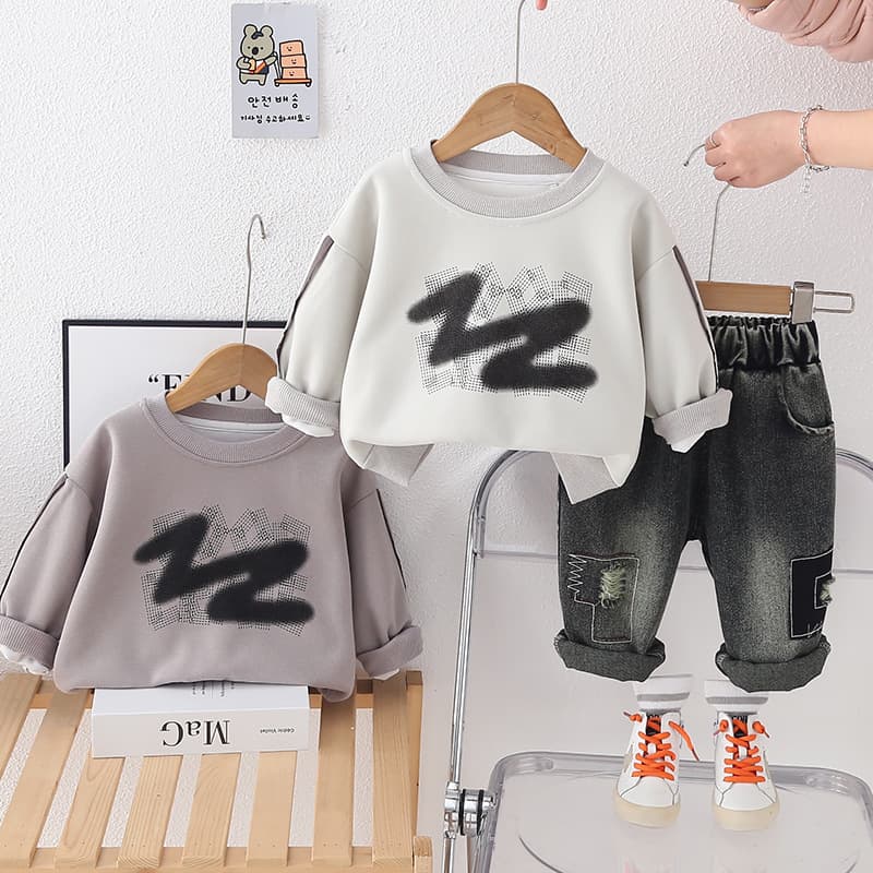 Children's Spring and Autumn Long-Sleeved Set, 2025 Spring New Style Graffiti Sweatshirt Two-Piece Set for Toddlers Aged 1-5