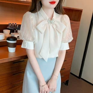 French Bow Short Sleeve Blouse for Women 2026 Summer New Unique Organza Puff Sleeve Chiffon Top