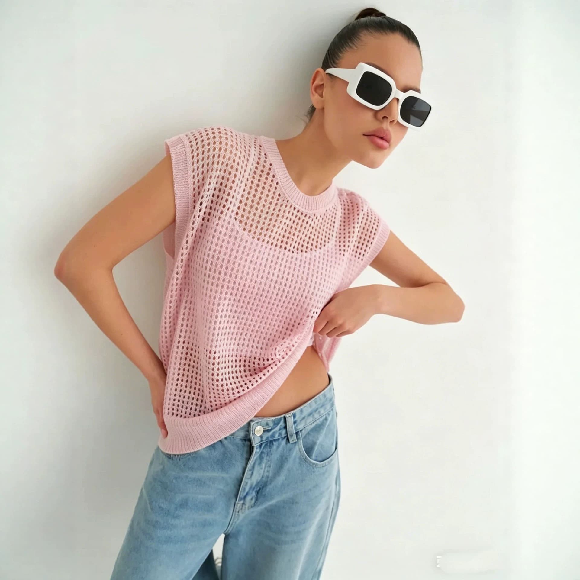 Cross-border European and American Style Spring Summer Autumn New Hollow Knit Top 2026 Round Neck Sheer Thin Sweater Vest Women