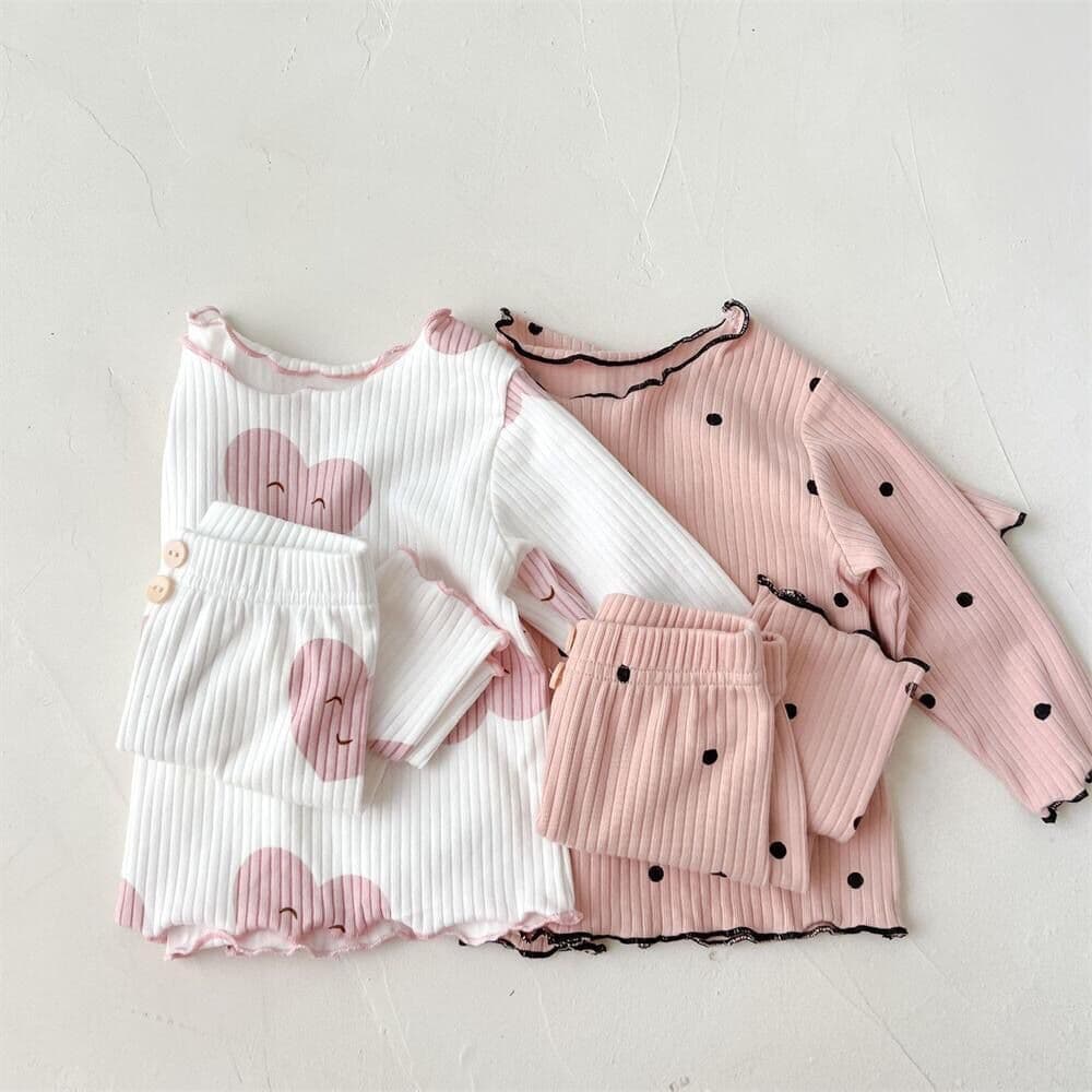 Spring/Autumn Kids' Ribbed Pajama Set with Polka Dots, Korean Style Girls' Two-Piece Loungewear for Older Children