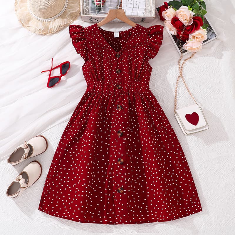 Girls dress cross-border children's clothing foreign trade new style 6-12 year old girls summer flying sleeves polka dot princess dress wholesale