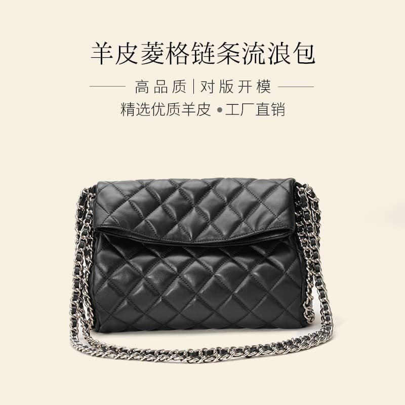 Small Fragrance Style Genuine Leather Crossbody Bag Sheepskin Quilted Chain Hobo Tote Large Capacity Bag Real Leather Women's Bag Light Luxury