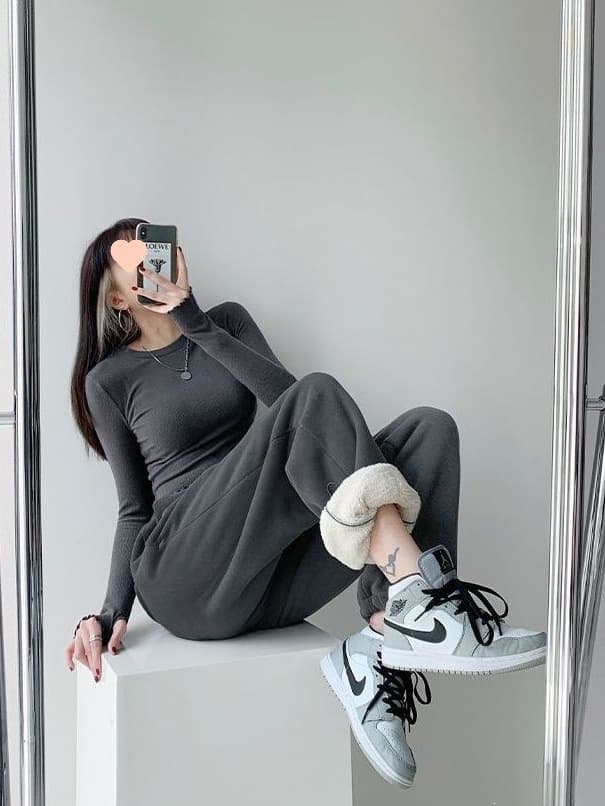Autumn and winter thickened sherpa sweatpants women's drawstring leggings cotton pants high waist outer wear casual loose slimming sweatpants trendy