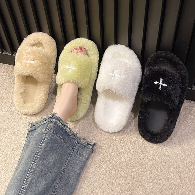Autumn Winter New Cross Flower Teddy Bear Fuzzy Slippers Women's Thick Sole Outdoor Slide Home Cotton Slippers