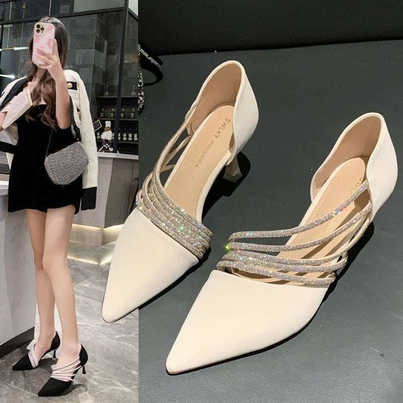 French high-heeled shoes for women, niche style, ladies' shoes with skirts, rhinestone pointed toe stiletto shoes, design
