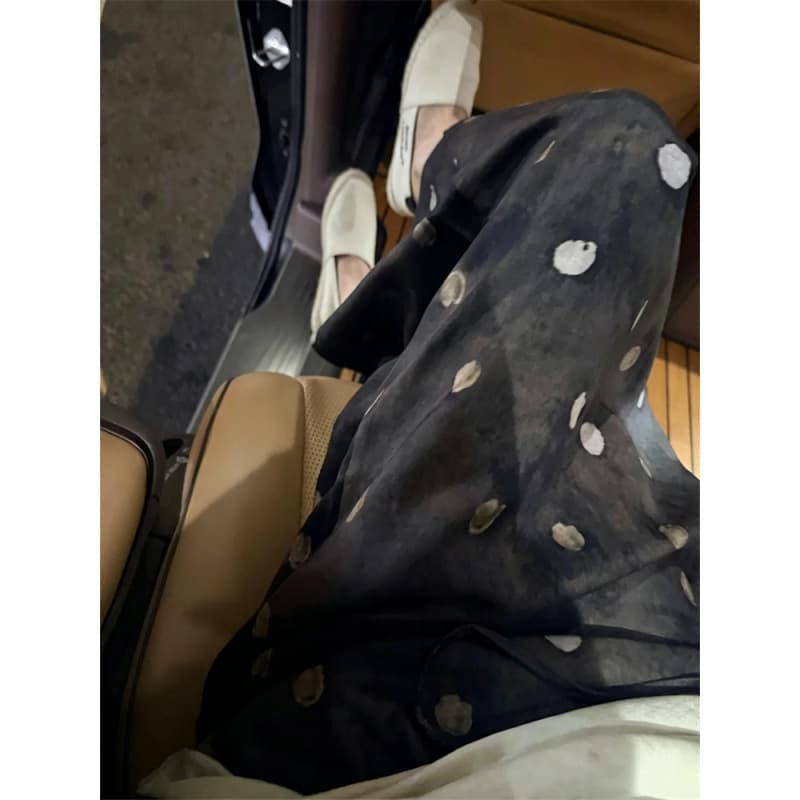 26 Summer fog brown meteorite tencel linen distressed charcoal brown ink smudged polka dot slit skirt