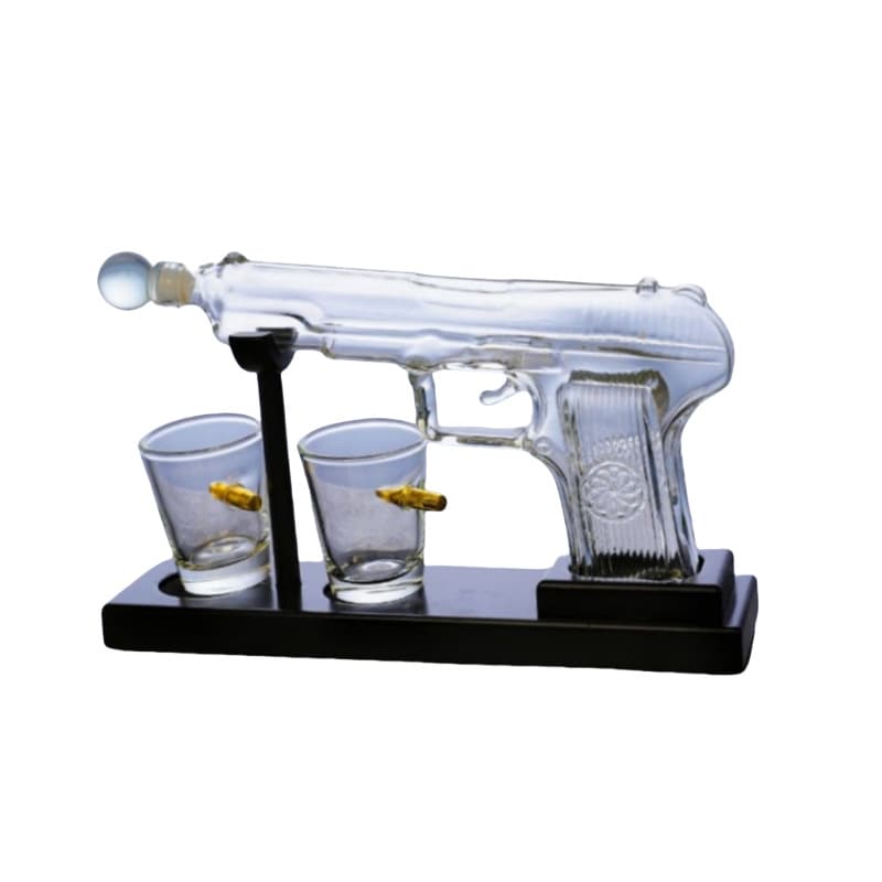 Glass Gun Decanter Pistol-Shaped Whiskey Dispenser Set with High Borosilicate Glass Pistol and Bullet Cups