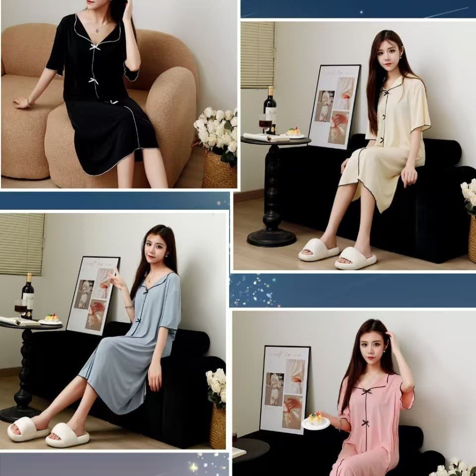 New Summer Ribbed Turn-Down Collar Short-Sleeve Sleep Dress for Women, Loose-Fitting Ice Silk Pajama Dress, Premium Homewear