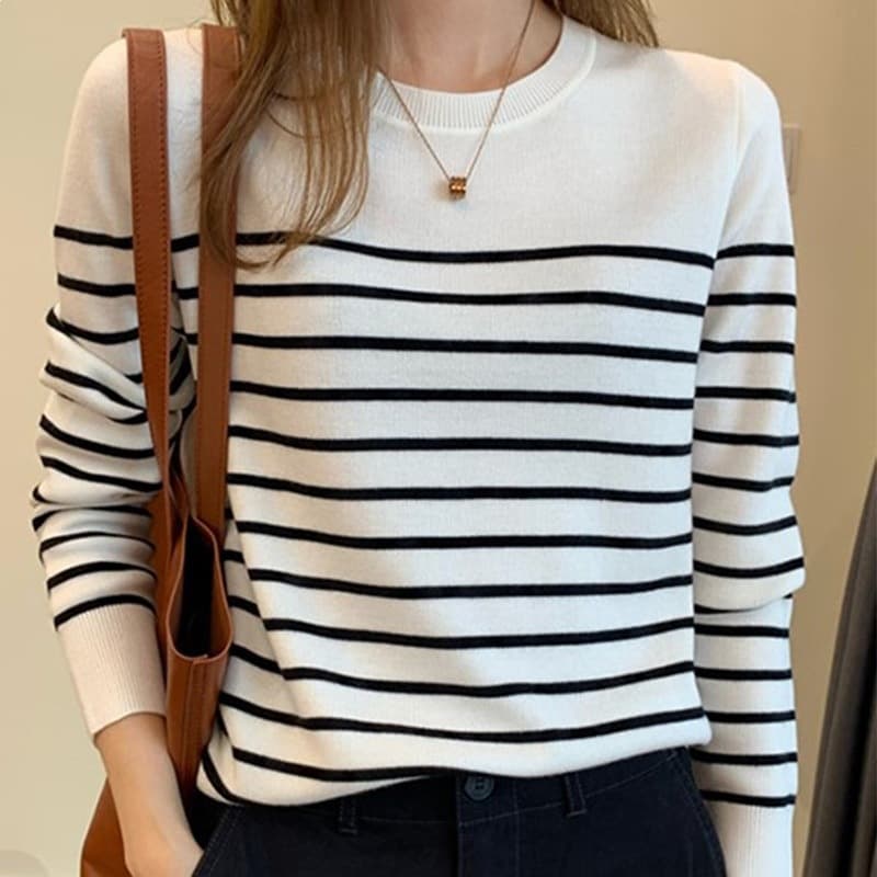 Korean Style Black and White Striped Sweater Women's Inner Layer 2025 New Long Sleeve Pullover Autumn Winter Knit Top