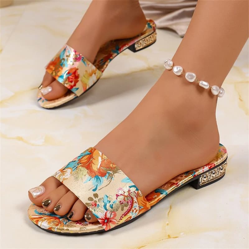 Cross-border Large Size Ethnic Style Sandals for Women Summer New Flat Printed Open Toe Vacation Outdoor One-strap Slippers