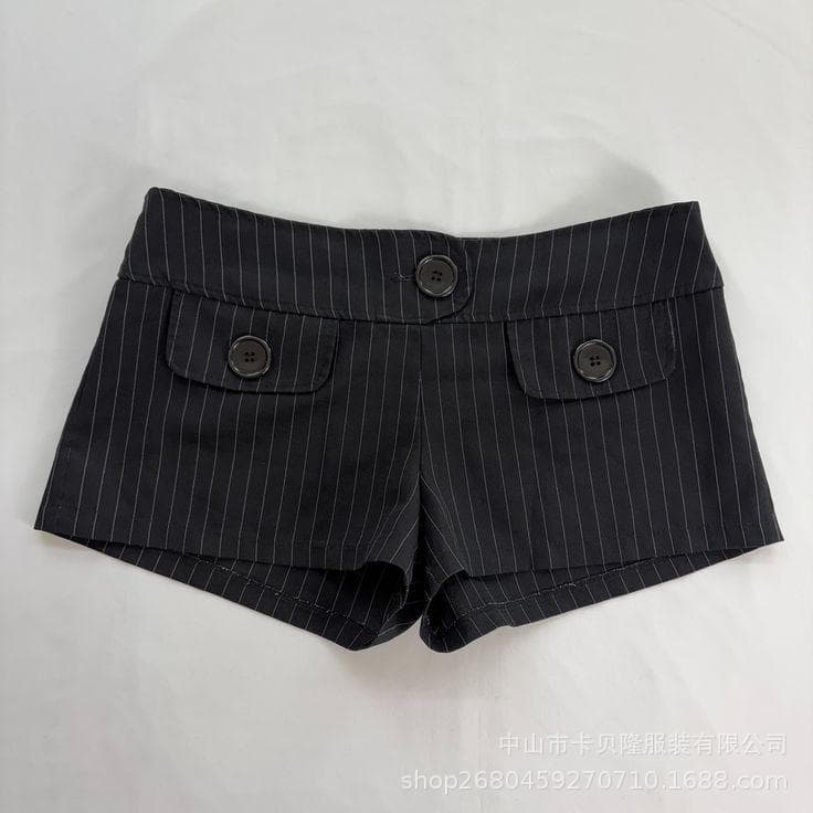 Y2K Retro Vertical Stripe Suit Hot Pants Structured Fabric Symmetrical Button Pockets Slimming Low-Waist Mini Pants