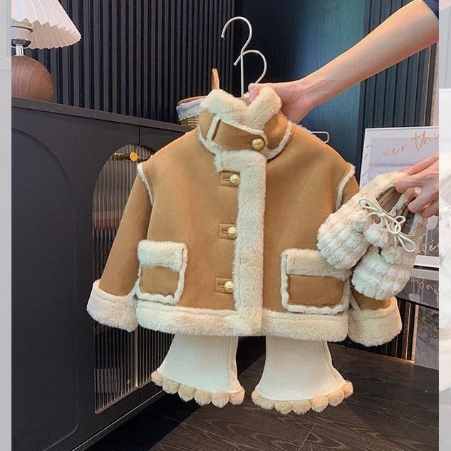 2025 Autumn/Winter New Girls' Shearling Jacket, Plush Lined Thickened Top for Toddlers/Kids