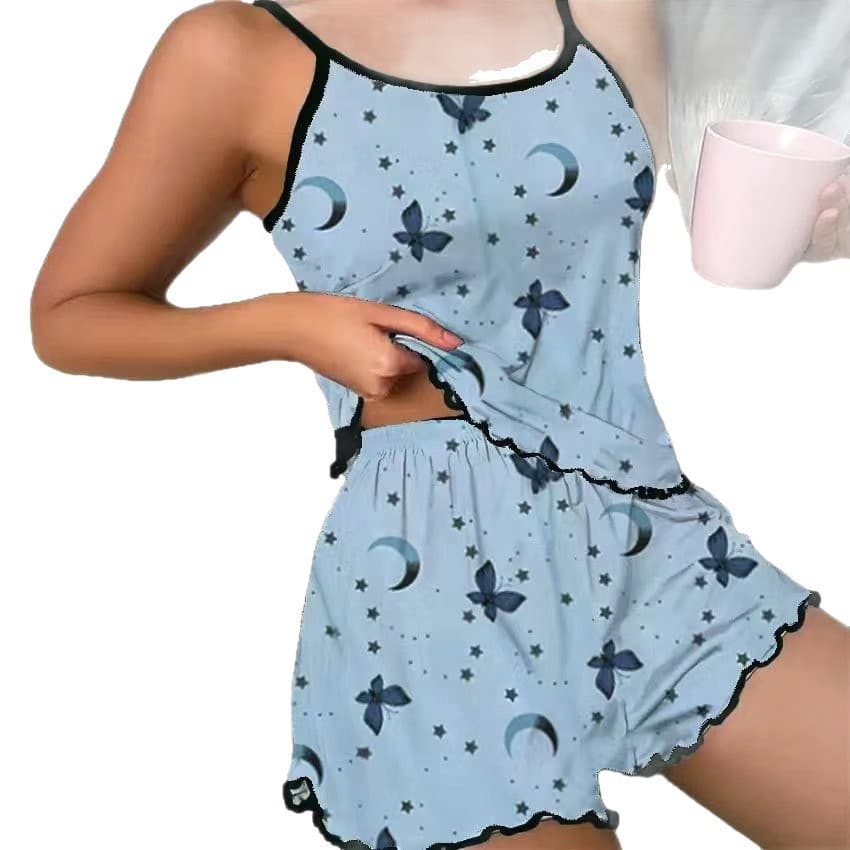 European and American Butterfly Print Pajama Set Camisole Elastic Waist Shorts Women's Sleepwear and Loungewear Short