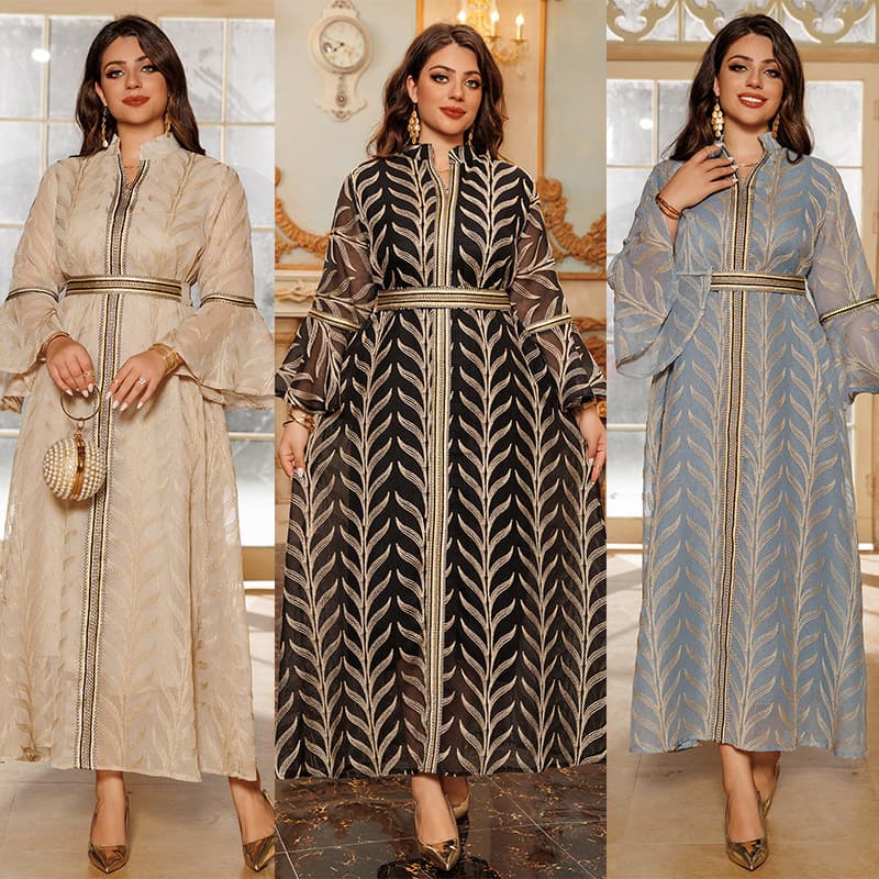 AB401 Middle East Cross-Border Embroidered Bell Sleeve Pullover Europe-US Dubai Elegant Long Dress Export Women's Dress