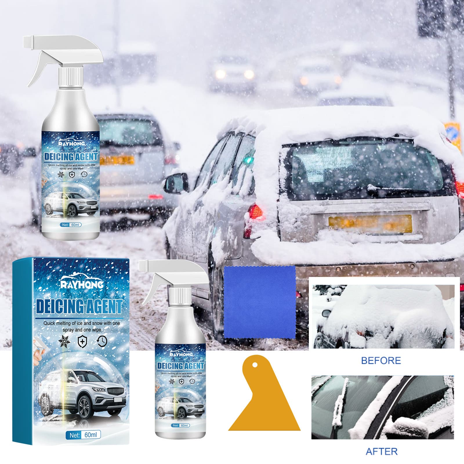 Rayhong Ice and Snow Remover - Fast Deicing for Winter Car Windshield and Windows