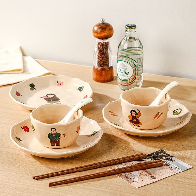 Cute Parent-Child Dinnerware Set, High Temperature Resistant, Hand-Painted Underglaze Bowls, Premium Home Use, Bowl Plate Spoon Chopsticks Single Serving Combo