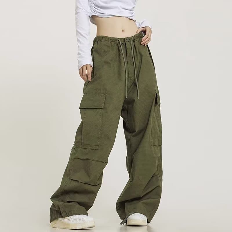 American drawstring hiphop military green overalls for women loose straight casual wide leg pants high waist hip hop street dance