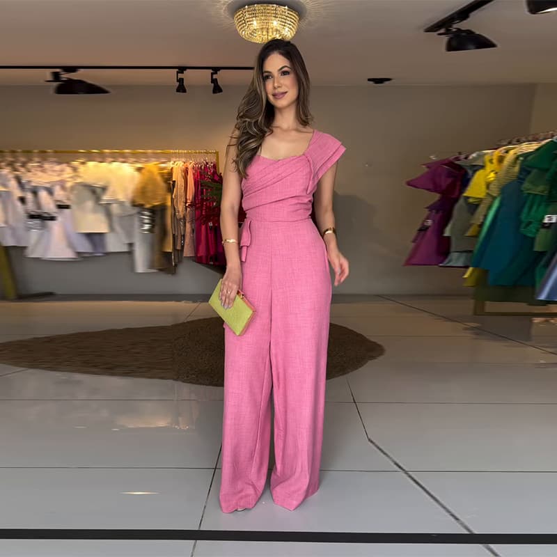 2025 New European and American Amazon Cross-border Women's Fashion Elegant Irregular Pink Loose Jumpsuit