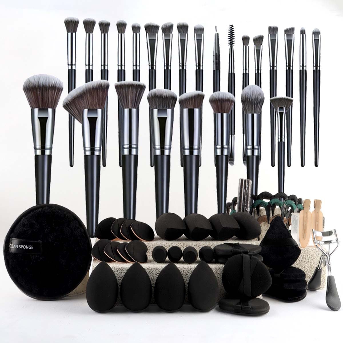 62-Piece Makeup Tool Set, Chanel-Style Cosmetic Bag with Brush Set, Portable Travel Wash Bag and Powder Puff Makeup