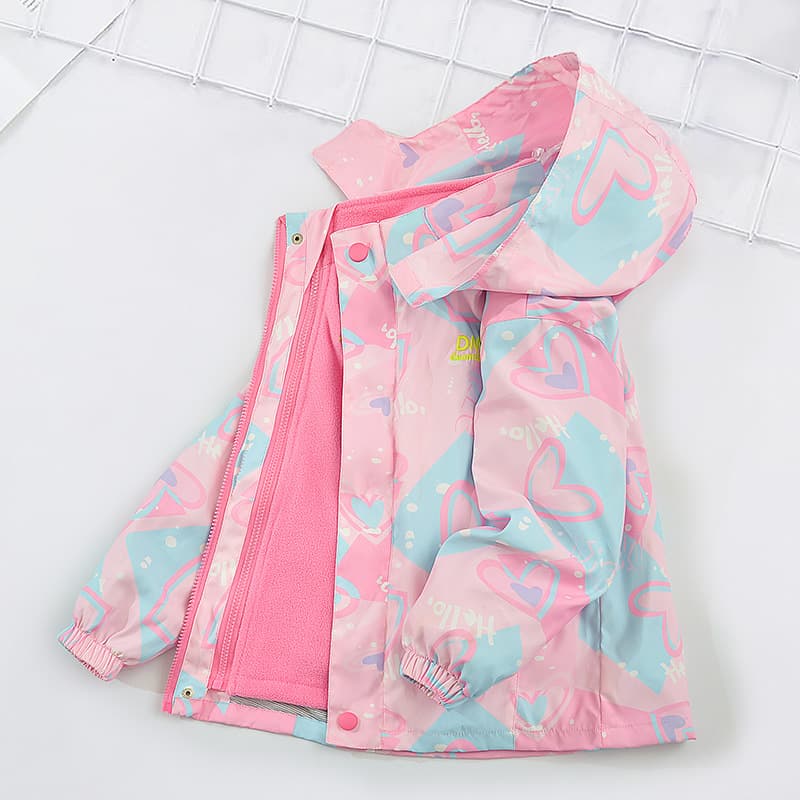 Girls' Fleece Lined Spring Autumn Thickened Jacket Three-in-One Detachable Children's Outdoor Sportswear Coat with Hood