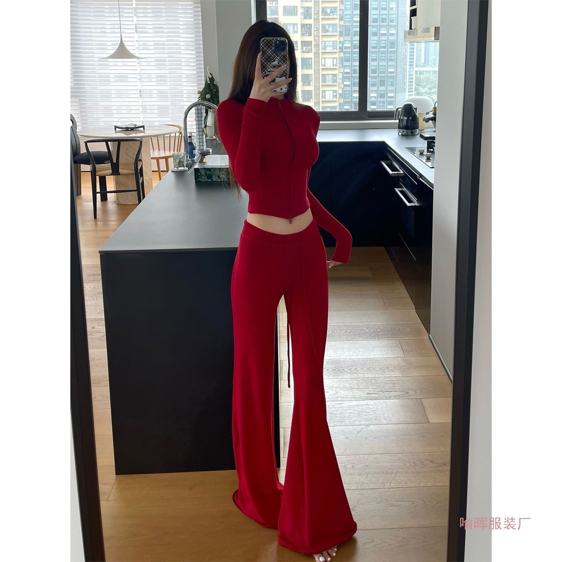 Relaxed Home Casual Set with Long-Sleeve Slim-Fit Cardigan Top and Low-Waist Flared Pants for Women, New Spring Style with Beading