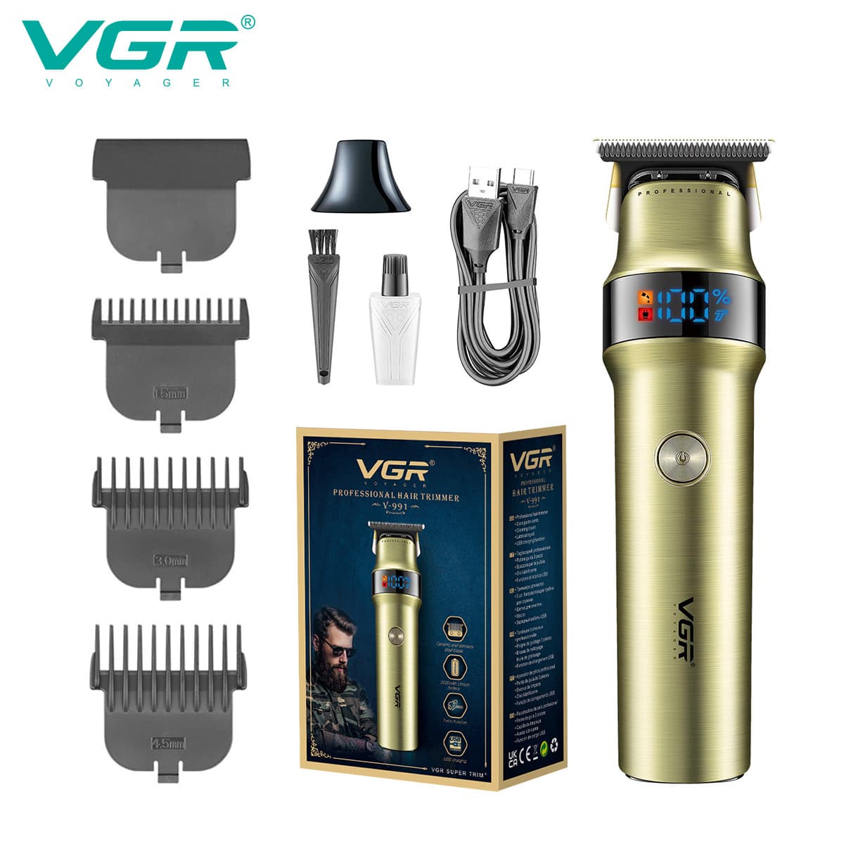 VGR991 Long-Lasting Grooming Clippers Digital Display Barber Shop Carving Electric Hair Clippers for Men Non-Waterproof Stainless Steel Blade
