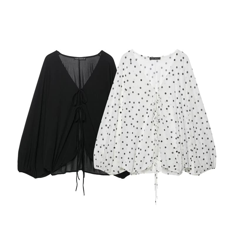 UNIZERA Women's 2026 Summer New Arrival V-Neck Puff Long Sleeve Bow Crepe Blouse Top 5039193