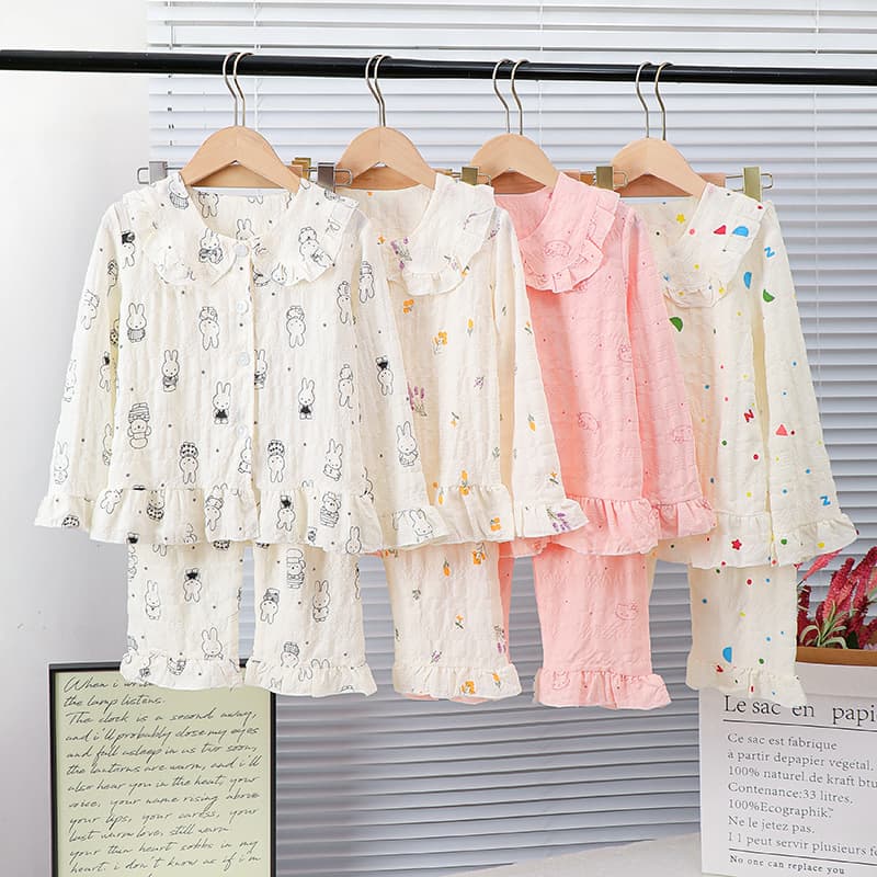 New pajamas perpetual check double length children's pajamas girls spring and autumn long-sleeved medium and large children's cute home clothes set