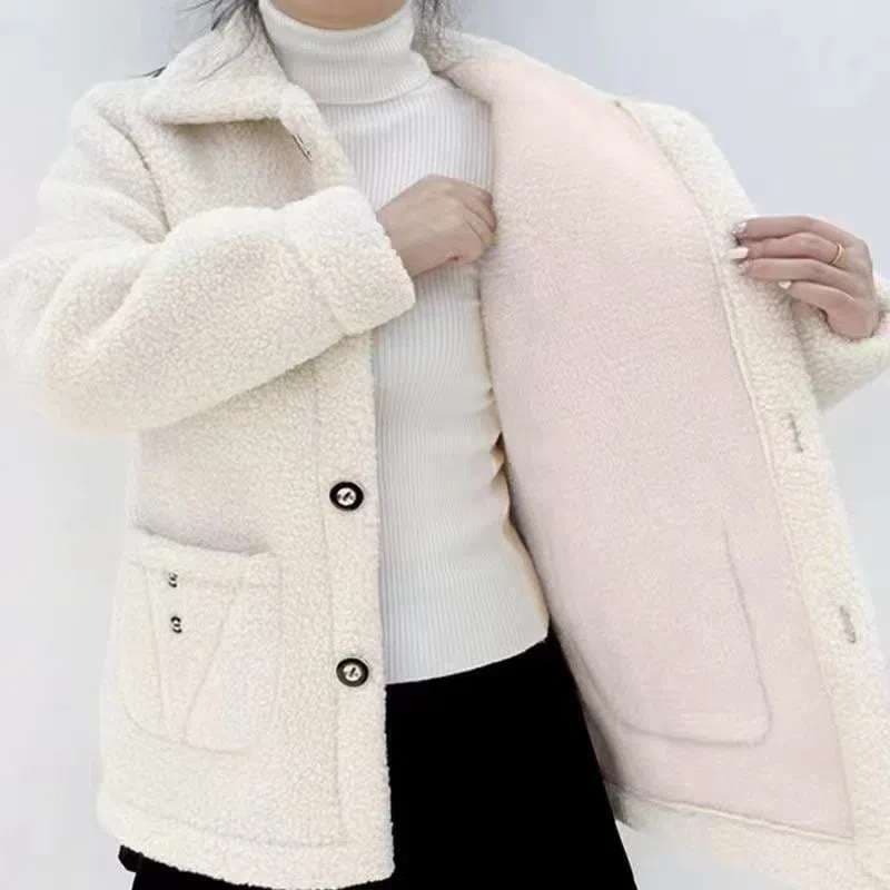 New Fleece-Lined Thickened Lamb Fur Mother's Style Mid-Length Coat Imitation Leather Warm Coat for Women