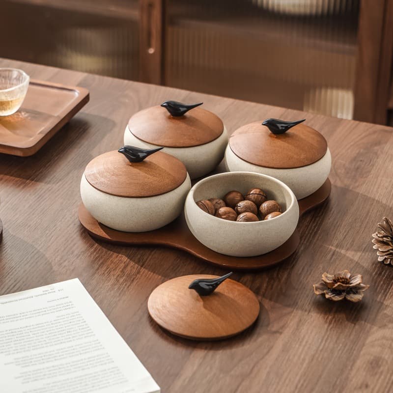 Retro-style solid wood fruit plate for home high-looking living room tea room reception snack snack plate stoneware bowl housewarming gift