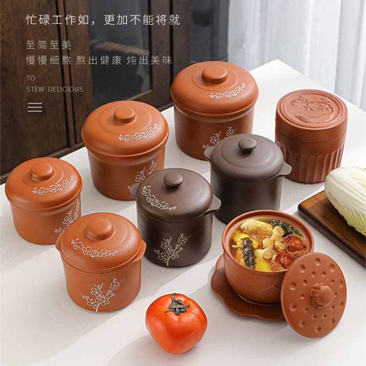 Purple Clay Roasted Pear Pot for Home and Commercial Use, Clay Jar for Simmering Soup, Ceramic Double-Lid Steaming Jar, Bird's Nest Double-Boiling Pot with Flat Lid Small Steaming Cup