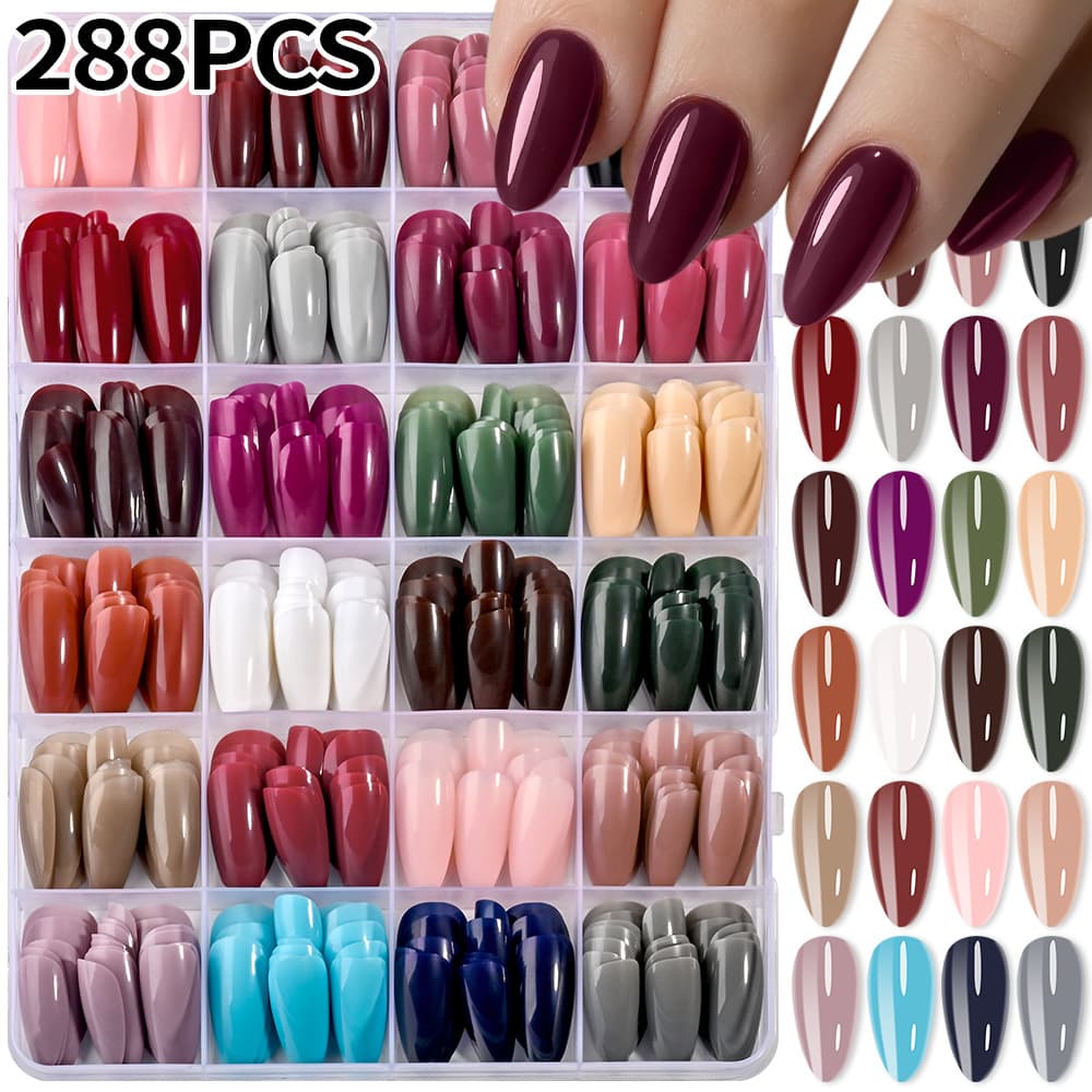 Cross-border 288 Pieces Short Almond Colored Wearable Nails 24 Colors Removable Nail Tips Fake Nails Wholesale