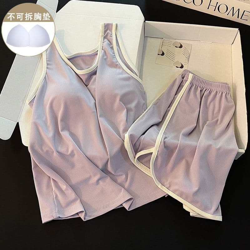 Summer Ice Silk Vest Sleepwear Women's New Style Double Strap Bra Pad Home Clothes Set Can Be Worn Outside Short Sleeve Nightgown