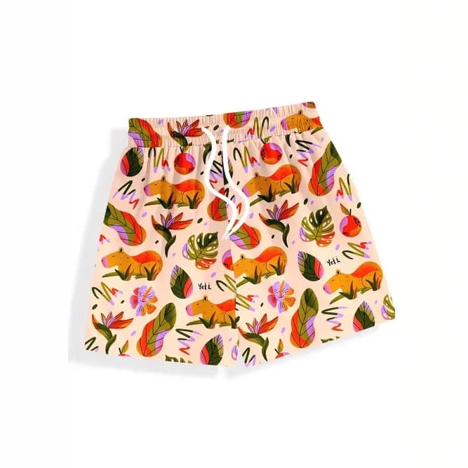 Little Squirrel Boys' Beach Shorts, Quick-Dry Swim Trunks for Water Activities, Hot Springs, Seaside Vacations, Floral Loose Shorts