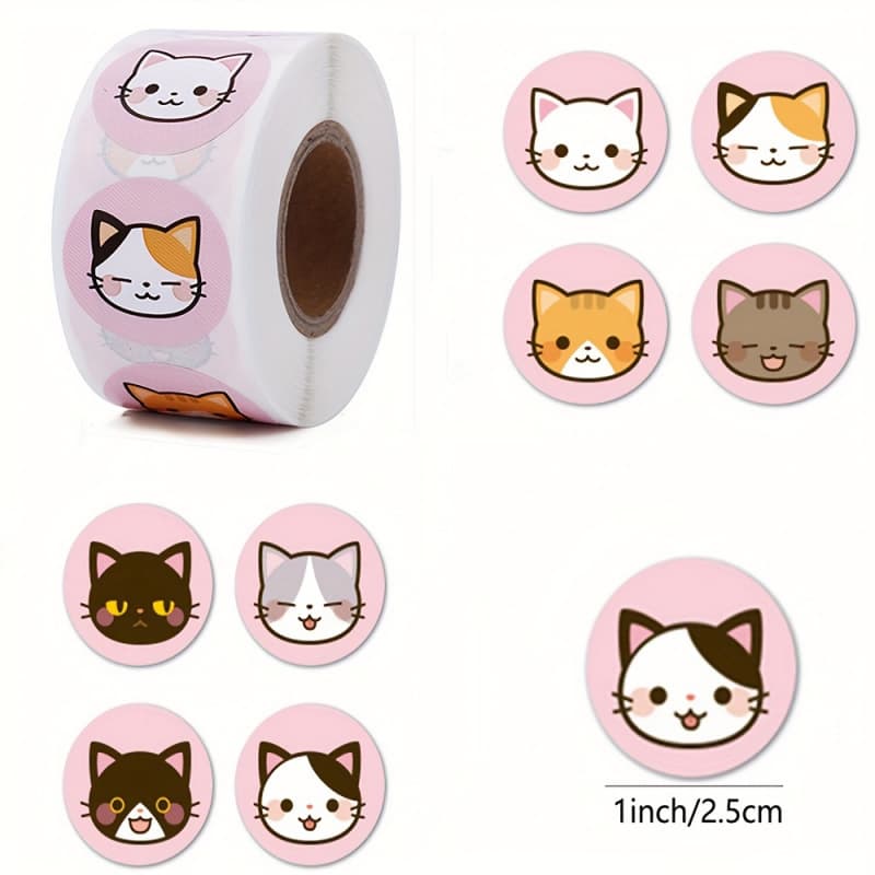 500pcs/roll Glossy Cartoon Cat Stickers 1inch Round Paper Reward