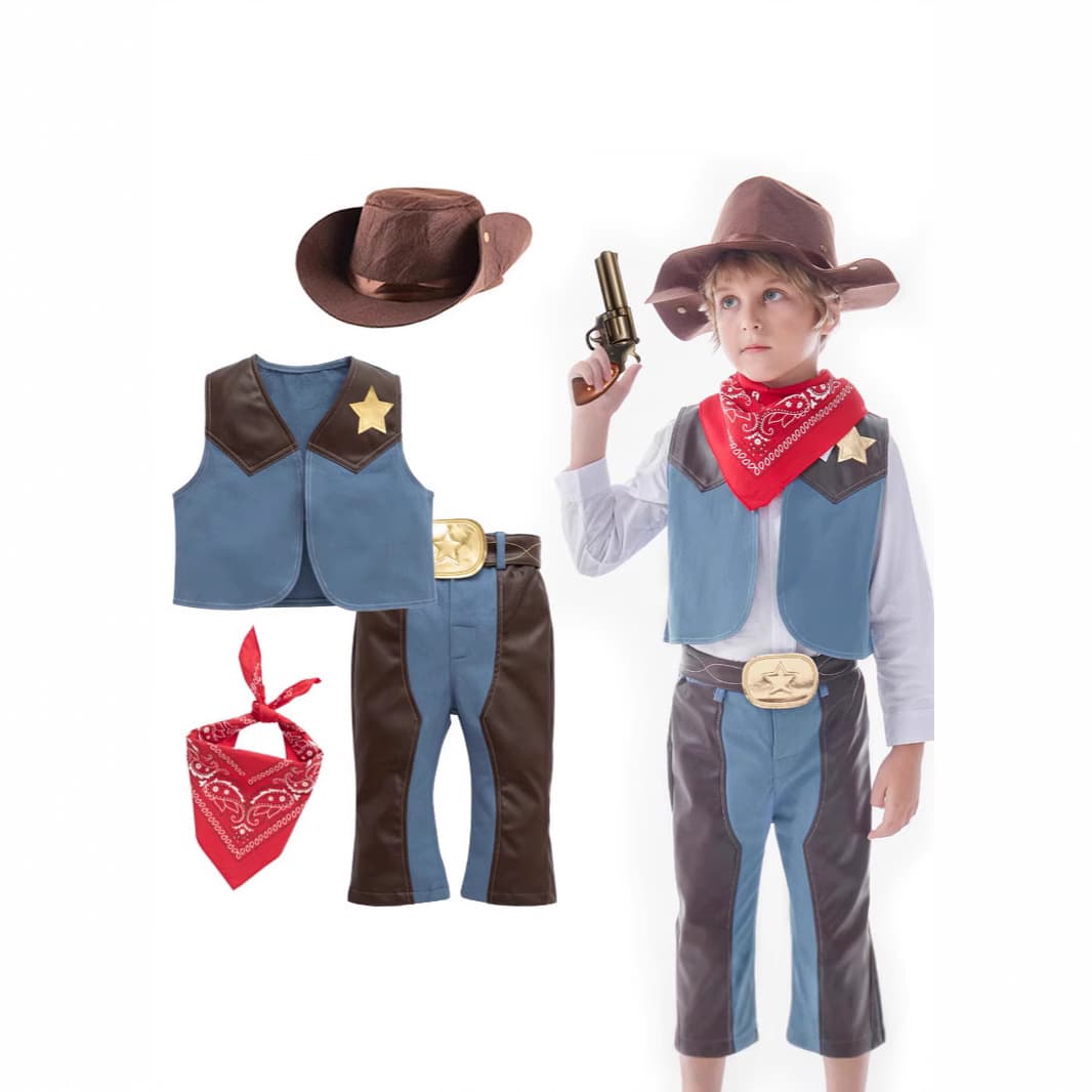 Western Cowboy Costume for Boys Kids Holiday Performance Outfit Role Play Set Children's 4-Piece Set