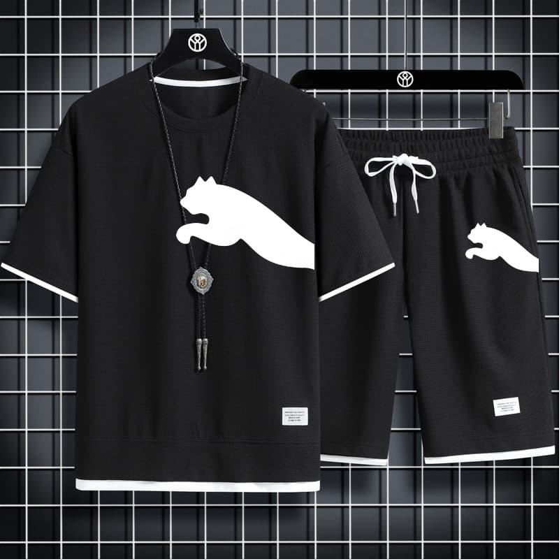 Waffle Short Sleeve T-Shirt Men's Casual Sportswear Set Wholesale Summer Loose Fake Two-Piece Half Sleeve T-Shirt Two-Piece Set