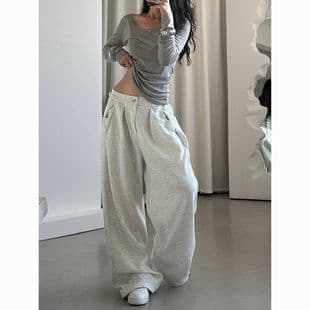 American-style College Student Casual Pants, Spring/Autumn Korean Thick Vintage Sweatpants for Women, Flowing Floor-length Pants