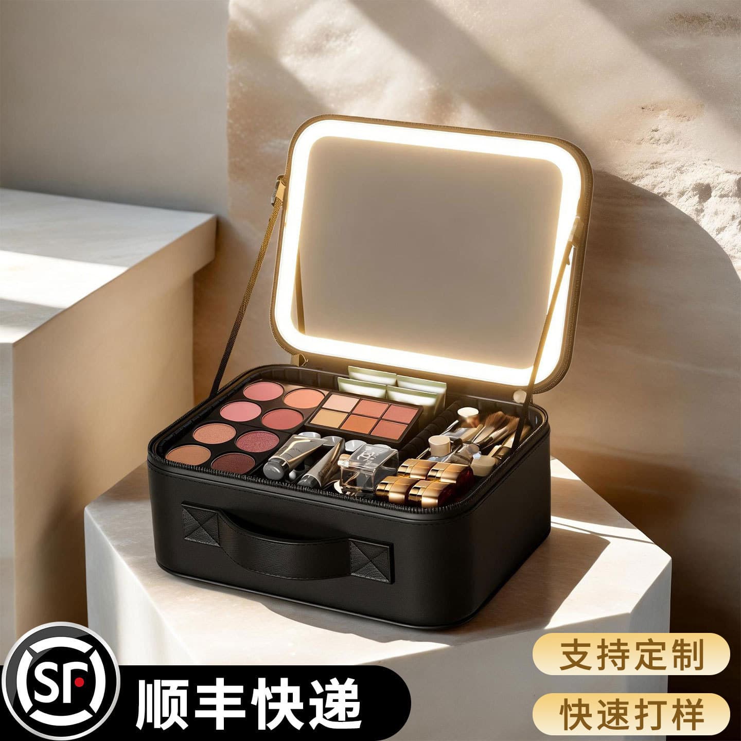 Large Capacity LED Light Makeup Bag with Compartments, Handheld Storage with Mirror, Professional Travel Makeup Case for Makeup Artists