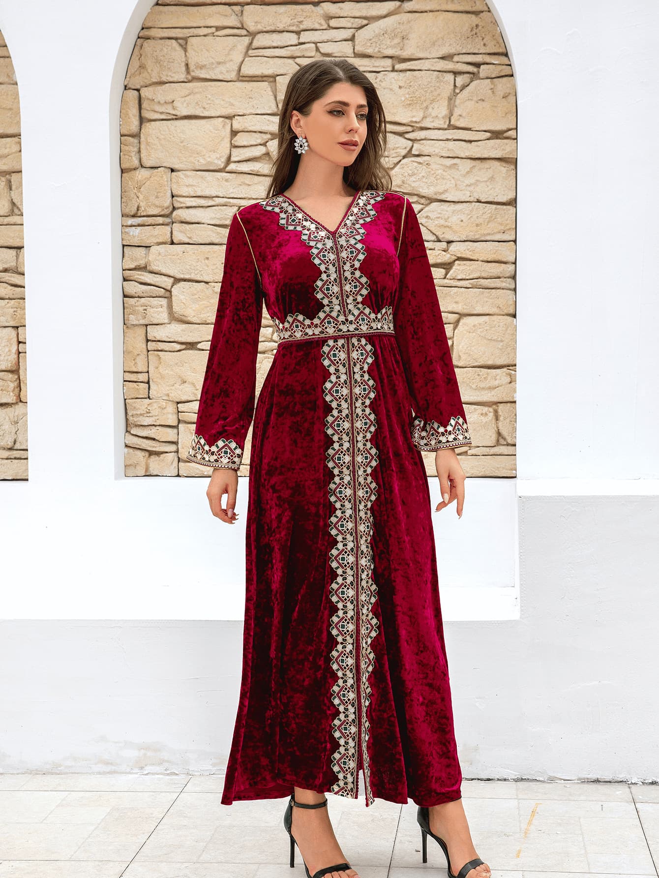 ZD050 Cross-border Women's Long Dress Slim V-neck Velvet Elegant Dress