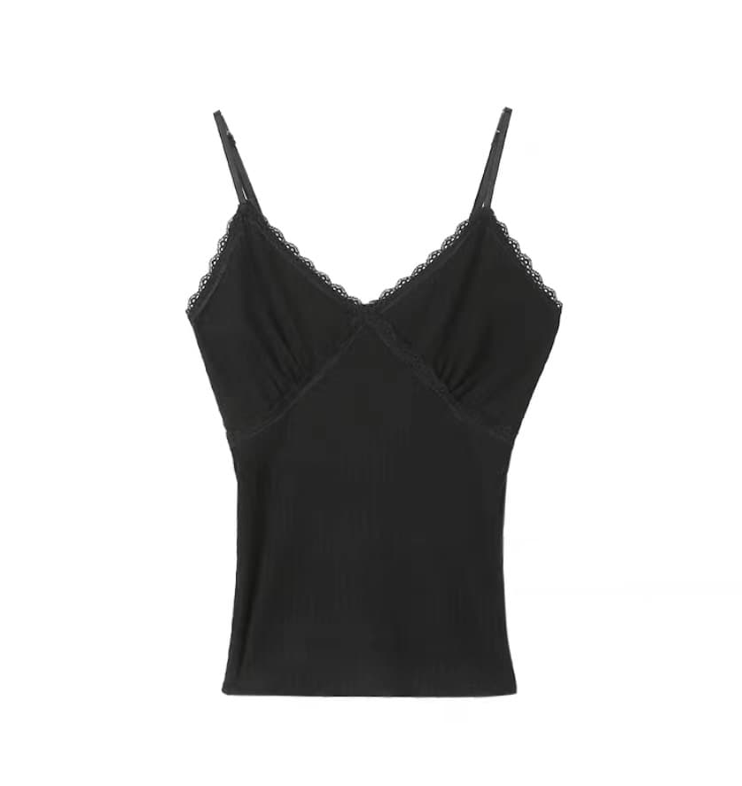 Pure and Sexy Spaghetti Strap Camisole with Side Bust Coverage, Integrated Back Support, V-Neck Ribbed Lace Trim, Versatile Top for Layering or Solo Wear